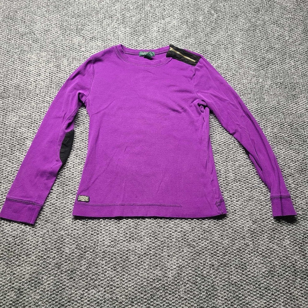 Ralph Lauren Purple Long Sleeve Shoulder Zip Elbow Patch Shirt Preppy Size Small